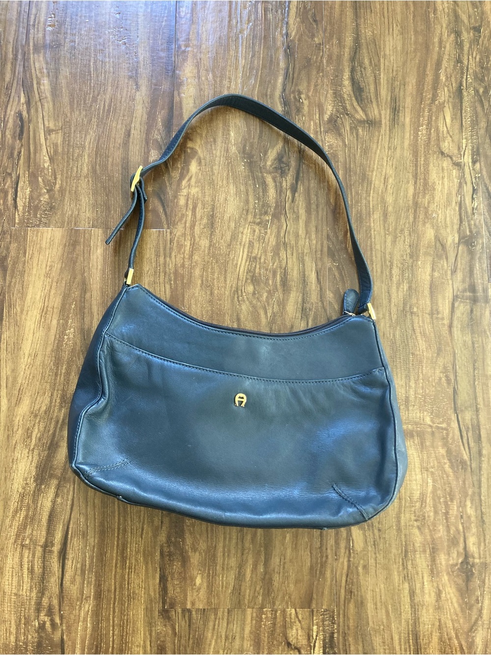 Etienne Aigner Navy Blue Leather Shoulder Bag with Gold Hardware